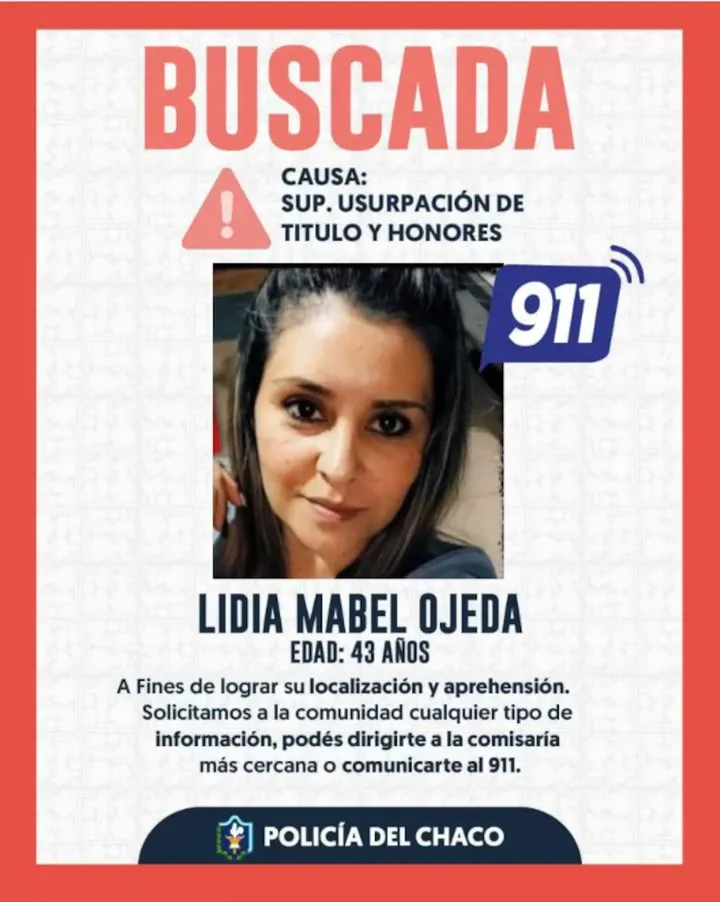 Un cartel de búsqueda policial de la provincia del Chaco muestra los datos y el rostro de Lidia Mabel Ojeda.