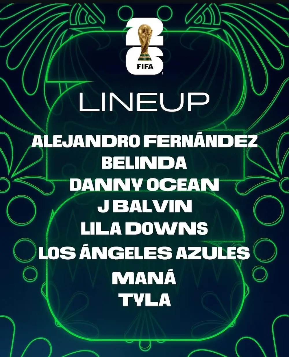 Cartel promocional con el logo del Mundial FIFA 26 y una lista de nombres de artistas musicales.