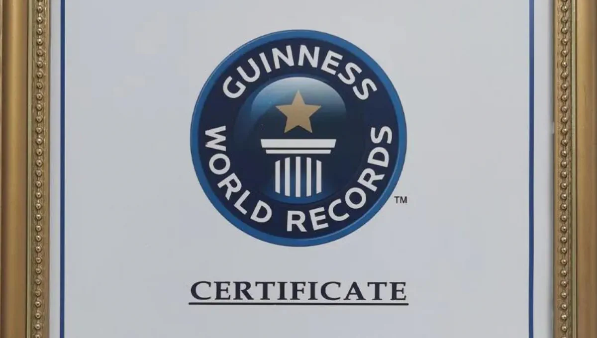 Un certificado enmarcado de Guinness World Records con su logotipo circular en azul, dorado y blanco.