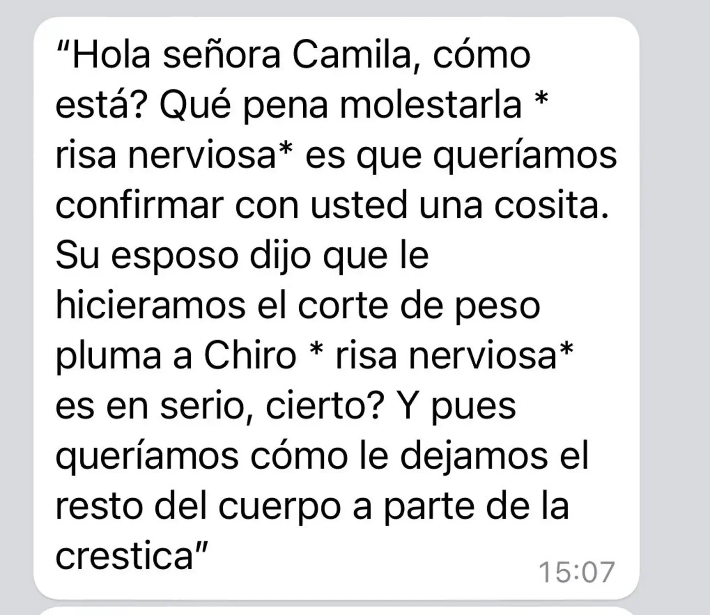 Captura de pantalla de un mensaje de texto sobre el corte de pelo para un perro.