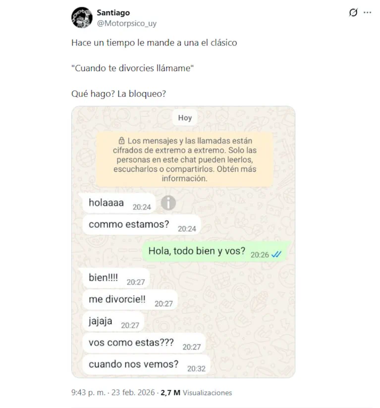 Captura de pantalla de una publicacion de X que muestra una conversacion de WhatsApp sobre un divorcio.