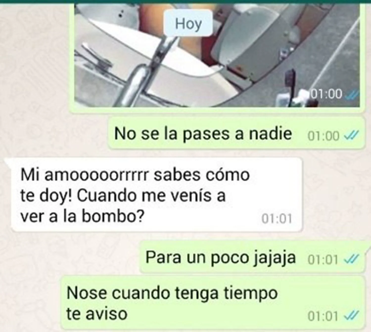 Captura de pantalla de una conversación de chat con mensajes de texto y parte de una foto enviada.