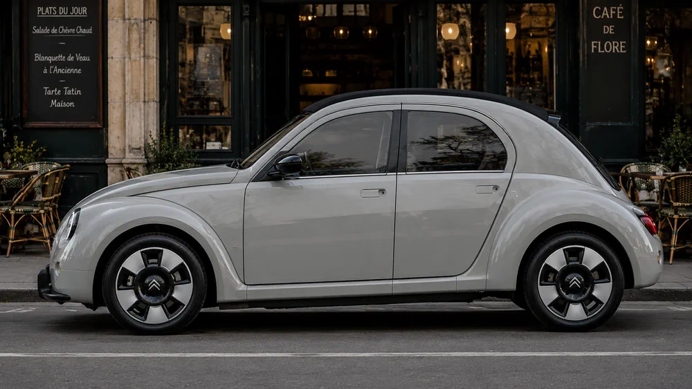 Un auto moderno de color gris con logo Citroën estacionado de perfil en una calle empedrada frente a un cafe parisino.