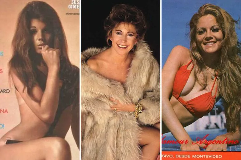 Collage de tres fotos retro con Susana Giménez, una mujer con tapado de piel y otra en bikini roja.