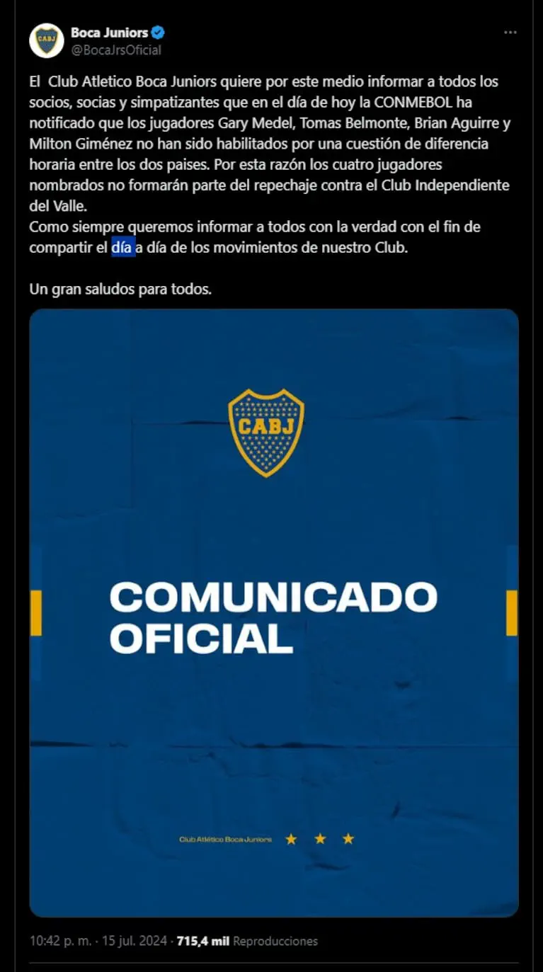 Un comunicado oficial de Boca Juniors publicado en la red social X sobre fondo oscuro.