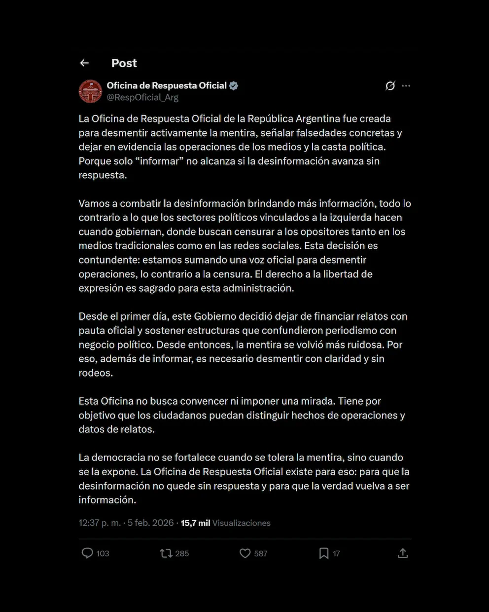 Captura de pantalla de un comunicado en texto blanco sobre fondo negro publicado en la red social X.