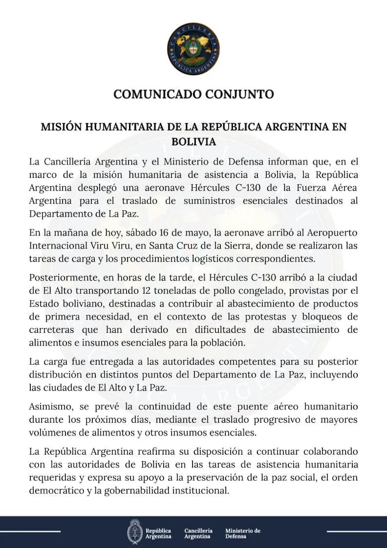 Comunicado conjunto oficial del gobierno argentino sobre una misión humanitaria en Bolivia.
