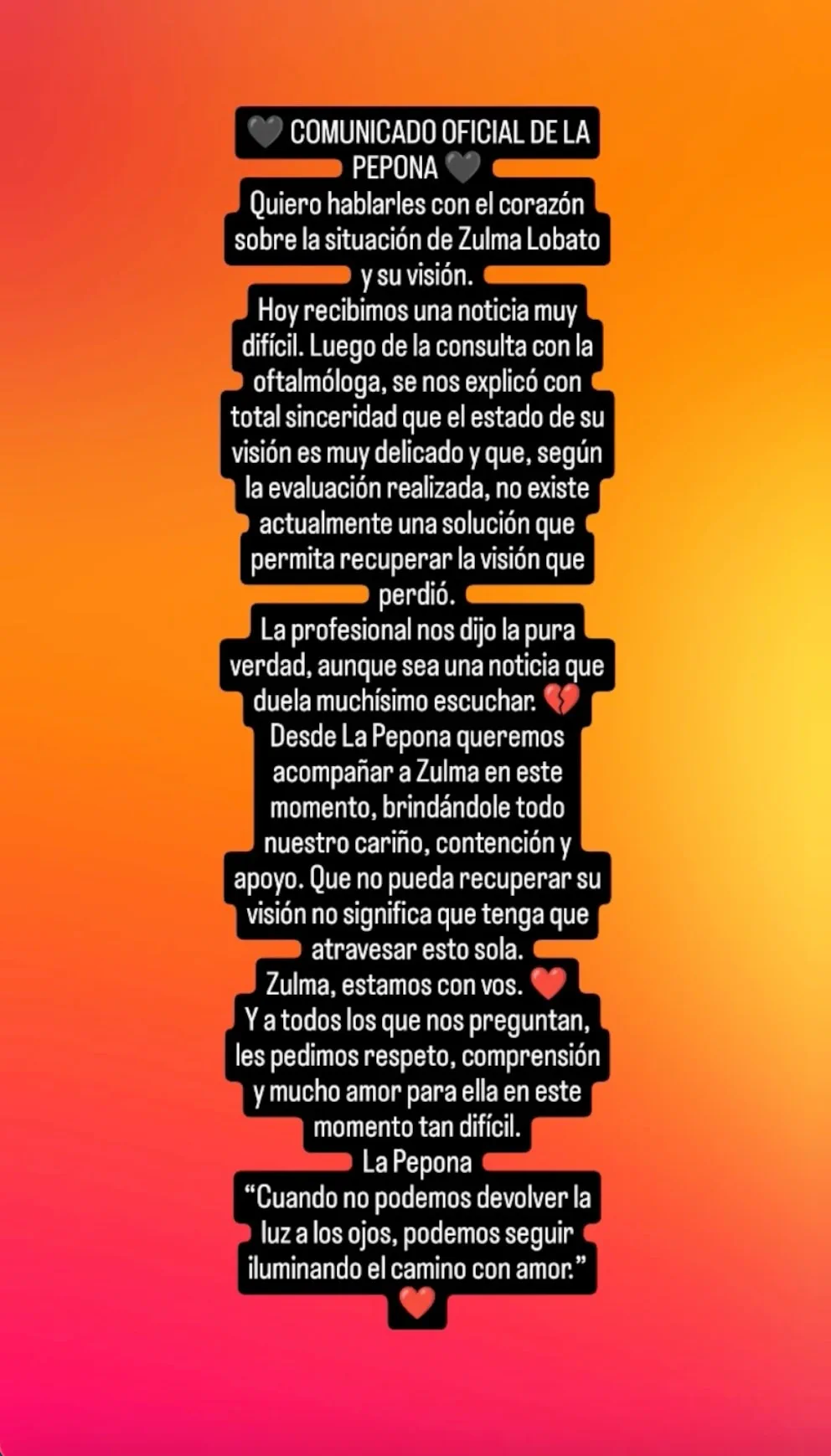 Captura de una historia con fondo degradado y un texto que comunica información sobre la salud visual de Zulma Lobato.