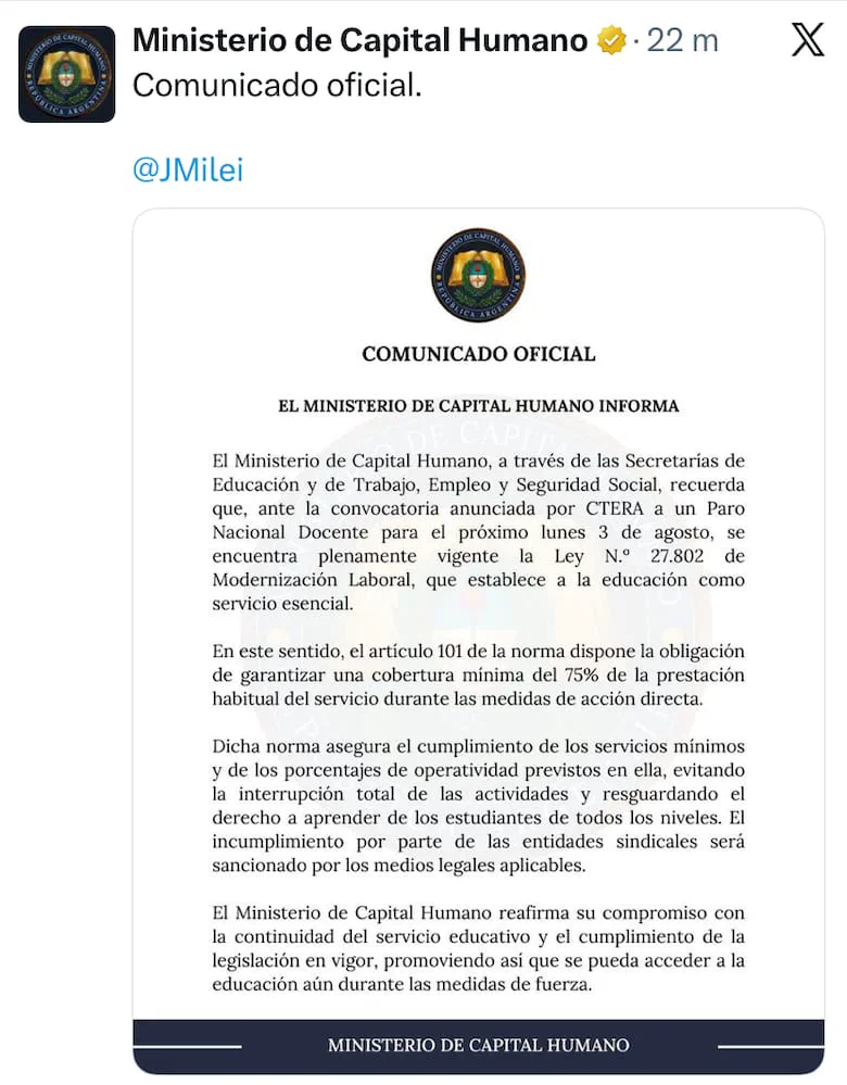 Una captura de pantalla muestra un comunicado oficial del Ministerio de Capital Humano sobre un paro nacional docente.