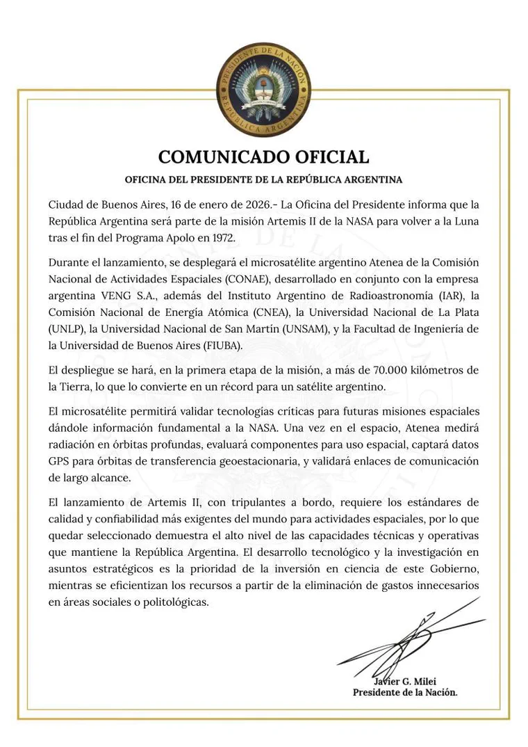 Comunicado de la Oficina del Presidente sobre el satelite argentino Atenea y la mision Artemis II.