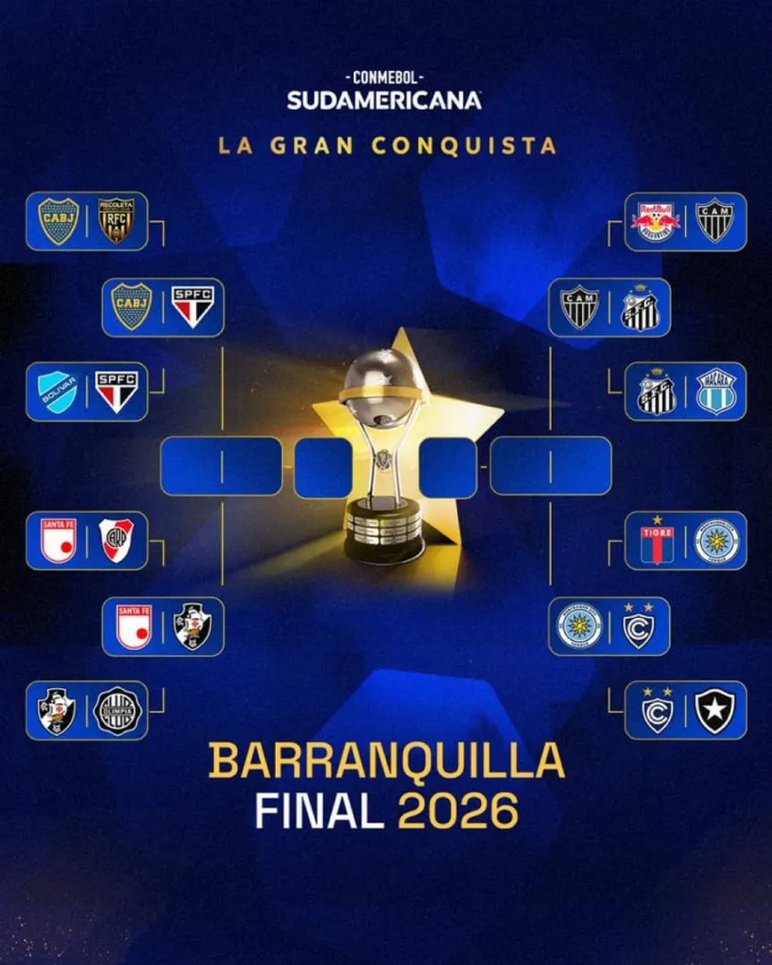 Un cuadro eliminatorio con escudos de clubes de fútbol y el trofeo de la Copa Sudamericana en el centro.