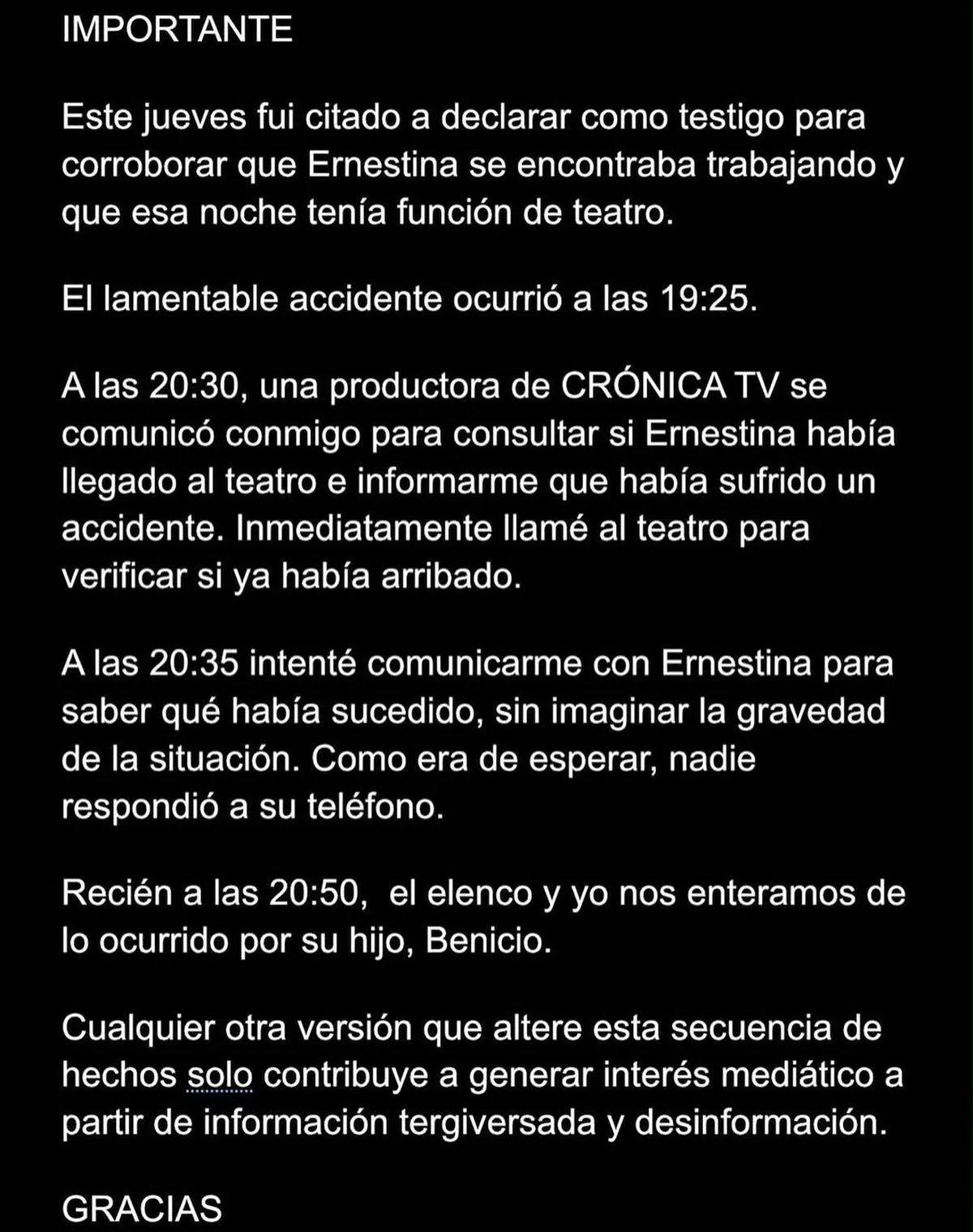 Comunicado con texto blanco sobre fondo negro titulado Importante que detalla una secuencia de horarios y hechos.