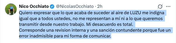 Captura de un mensaje publicado en la red social X por la cuenta de Nico Occhiato.