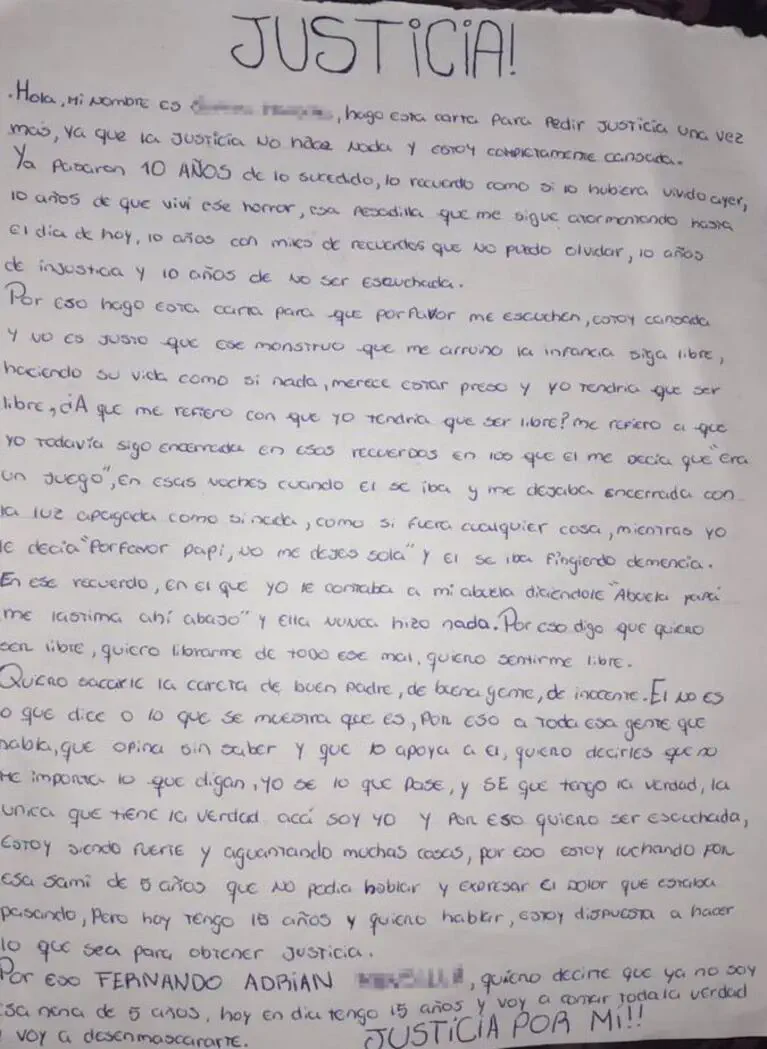 Una carta manuscrita sobre una hoja de papel blanco con el encabezado Justicia escrito en letras grandes.