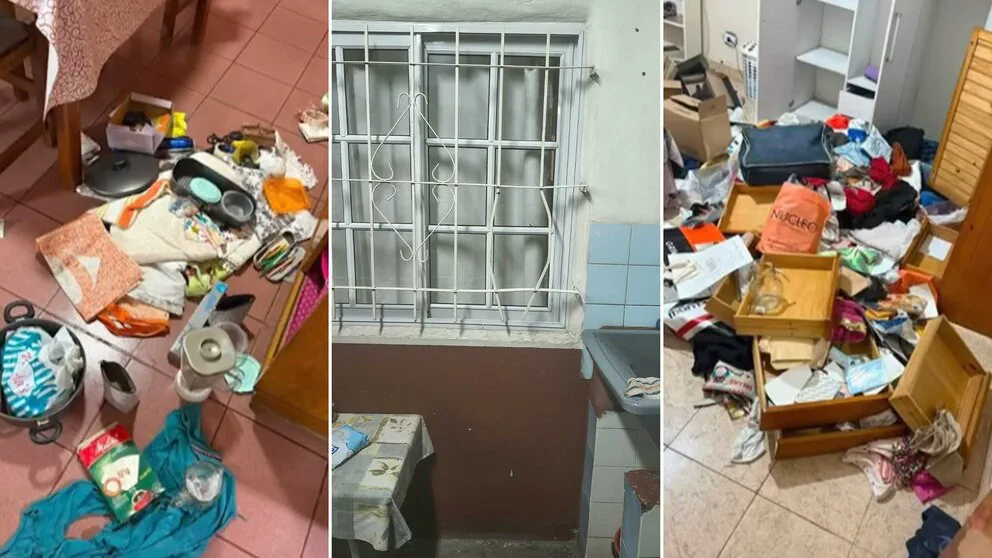 Un collage de tres fotos muestra una casa revuelta con ropa por el piso y las rejas de una ventana dobladas.