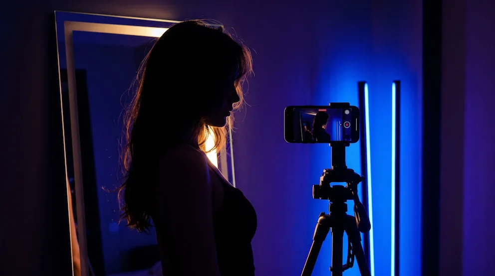 Una mujer a contraluz frente a un espejo y un celular montado sobre un trípode en una habitación con luces azules.