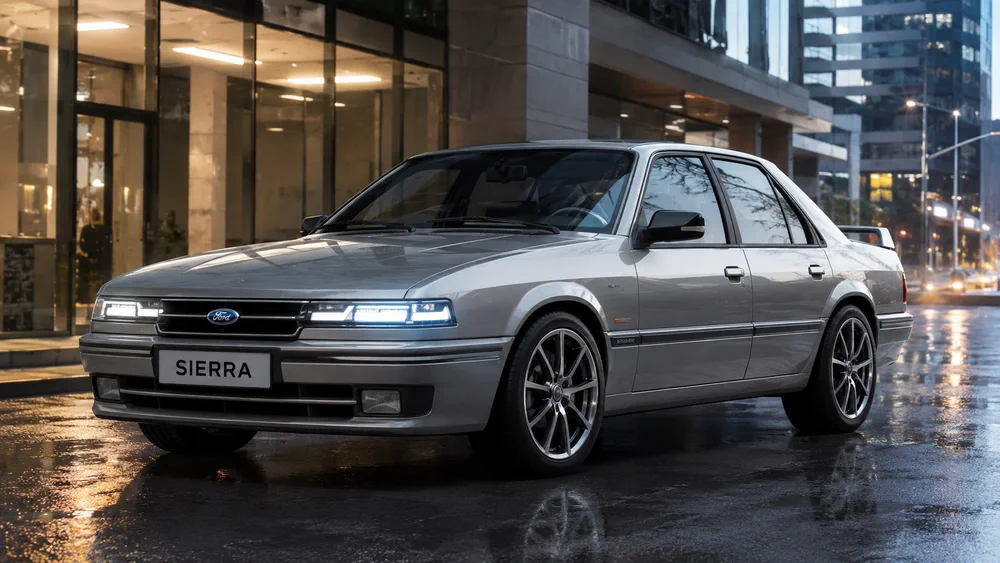 Un auto sedan gris marca Ford Sierra esta estacionado en una calle mojada frente a edificios iluminados.