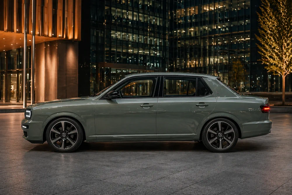 Auto sedan verde grisáceo estacionado de perfil frente a un edificio vidriado iluminado de noche.