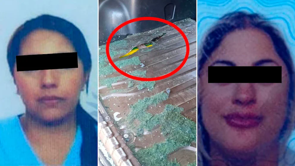 Dos rostros de mujeres con los ojos tapados junto a la chapa rota del piso de un vehículo señalada en rojo.
