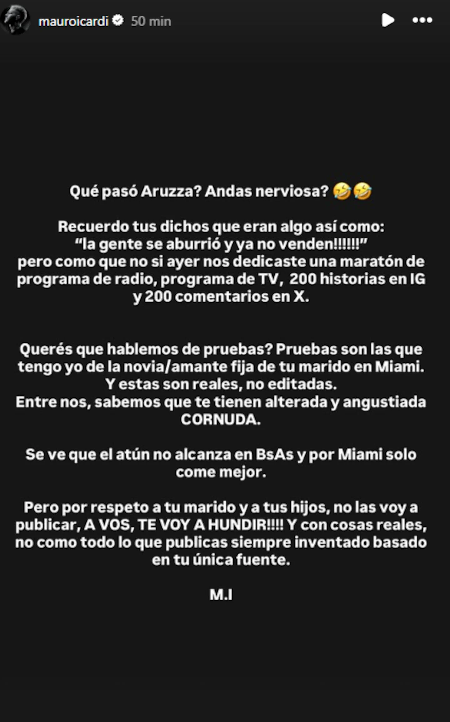 Captura de pantalla de una historia de Instagram de la cuenta mauroicardi con un texto largo sobre fondo negro.