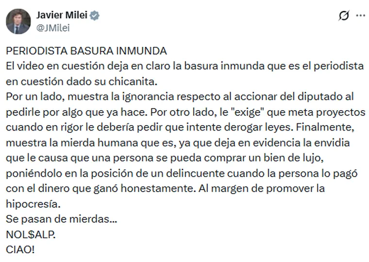 Una captura de pantalla muestra una publicación en redes sociales de la cuenta de Javier Milei con un texto de descargo.
