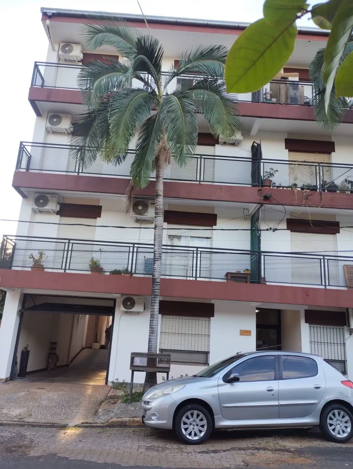 Un auto gris estacionado frente a un edificio con una palmera en la vereda.