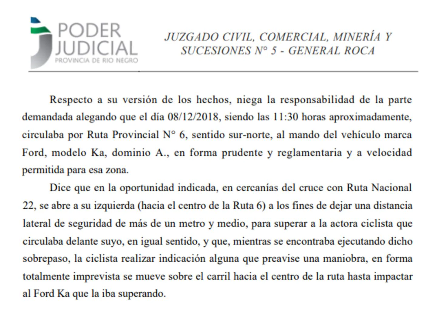 Un escrito judicial membretado del Poder Judicial de Río Negro detalla testimonios sobre un accidente vial.