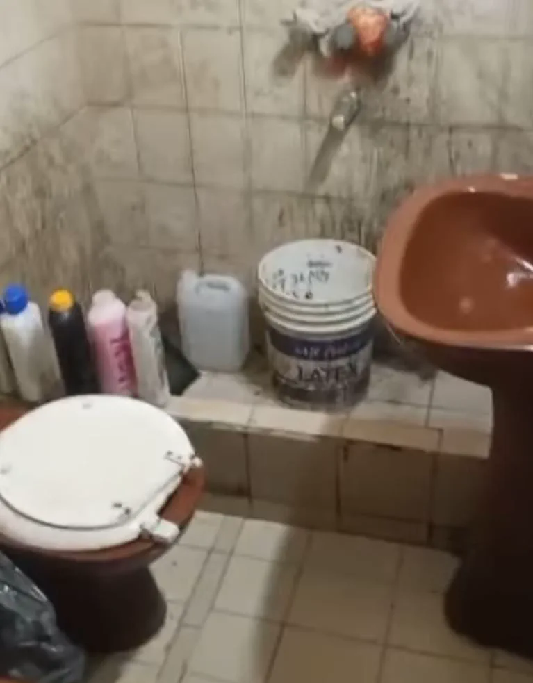 Inodoro con tapa blanca, bacha marrón y productos de limpieza en un baño sucio con azulejos manchados.