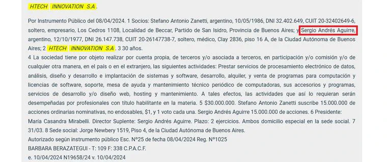 Un extracto de texto societario del Boletín Oficial con nombres y datos legales resaltados en amarillo y un recuadro rojo.