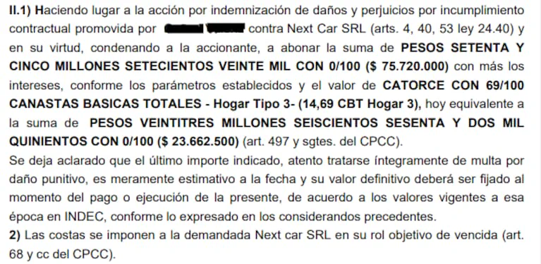 Fragmento de un texto judicial que condena a abonar una suma de dinero a Next Car SRL.