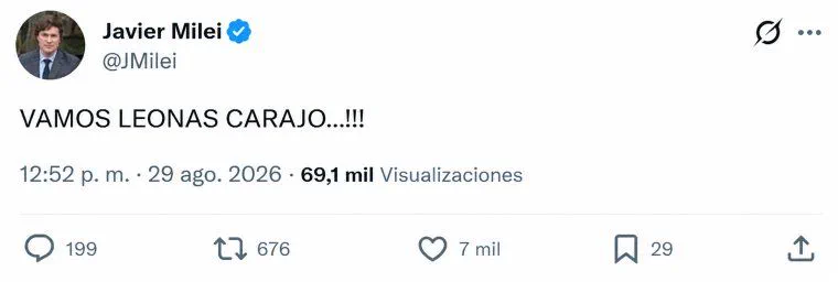 Captura de un tuit de la cuenta verificada de Javier Milei festejando a Las Leonas.