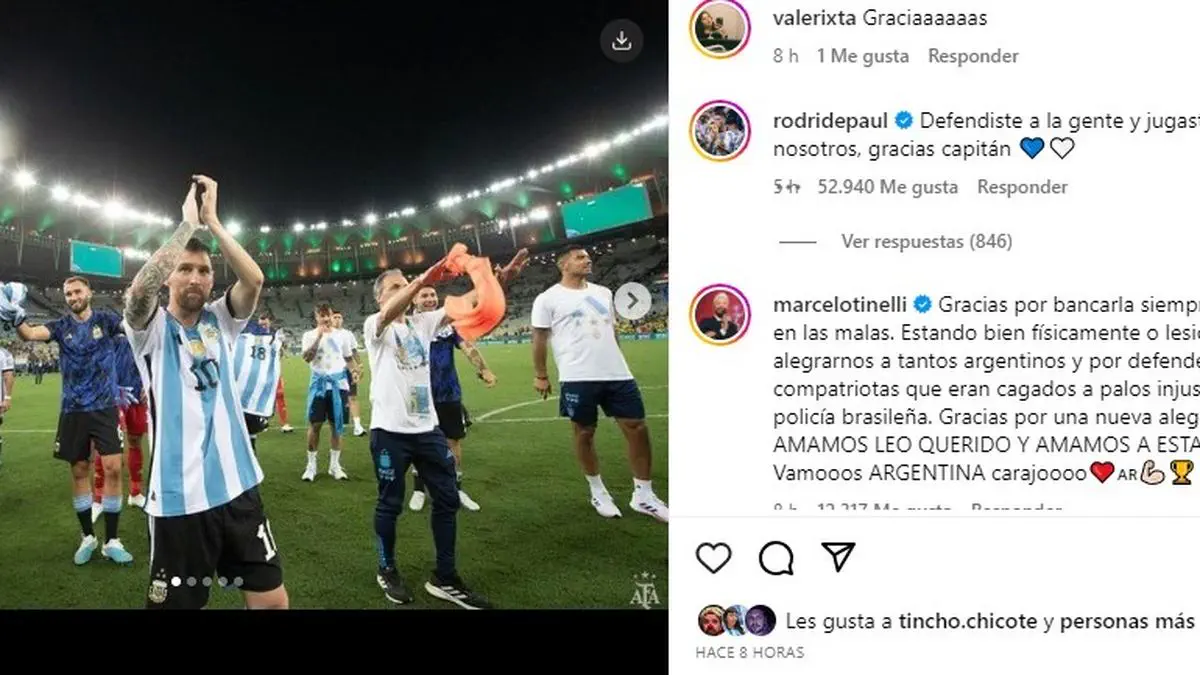 Captura de pantalla de Instagram donde Lionel Messi festeja en una cancha de fútbol junto a comentarios en la publicación.