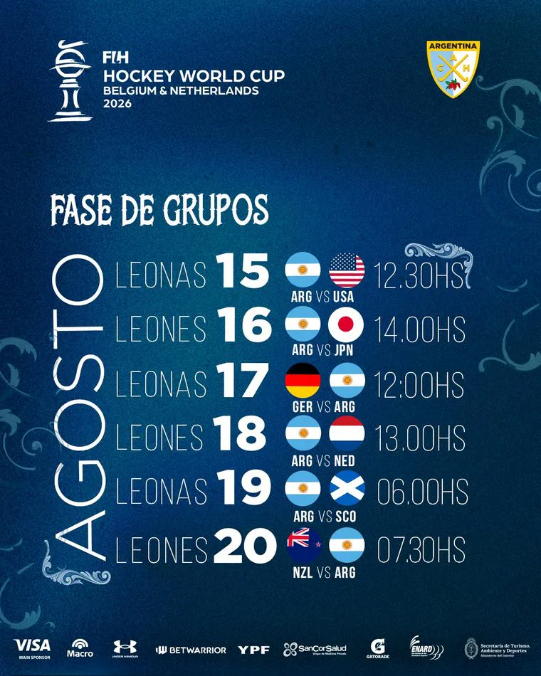 Un afiche azul detalla el fixture de la fase de grupos de Leones y Leonas para el Mundial de Hockey 2026.