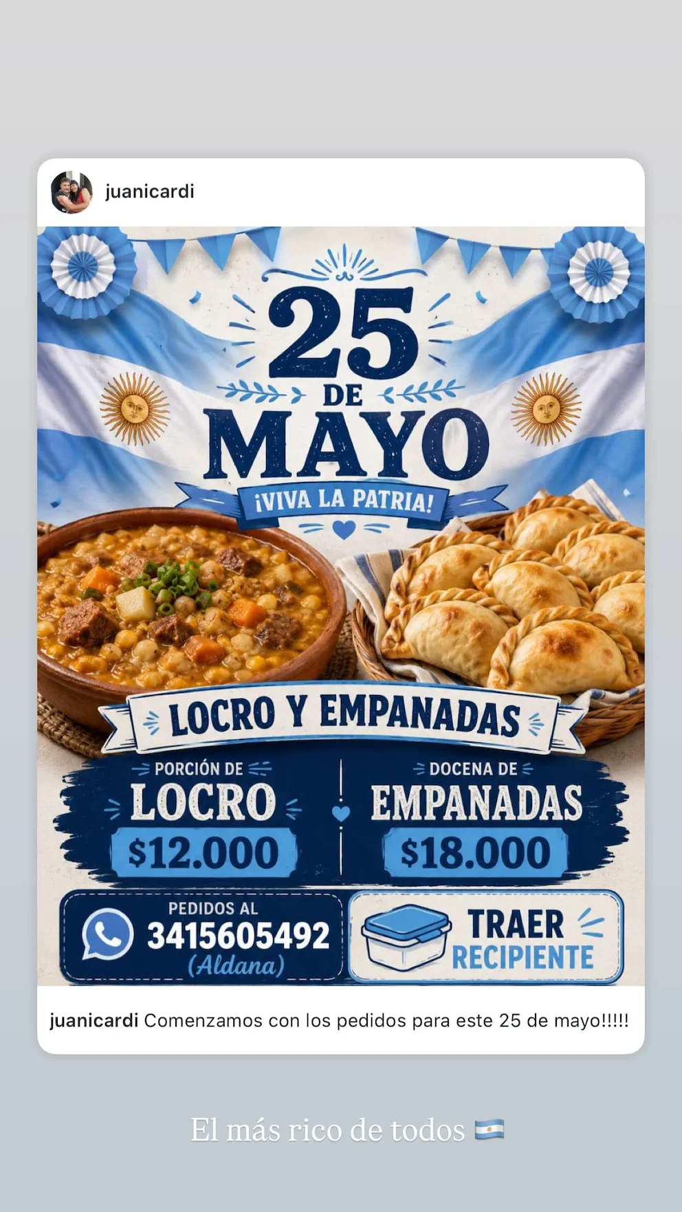 Un folleto digital publicitario del 25 de Mayo que ofrece locro en cazuela de barro y empanadas en una canasta.