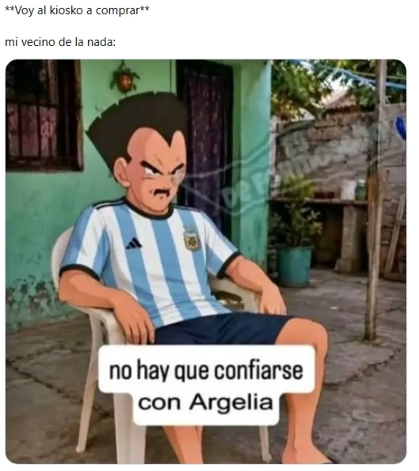 Un dibujo de un personaje de anime con camiseta de la seleccion argentina sentado en una reposera blanca en un patio.