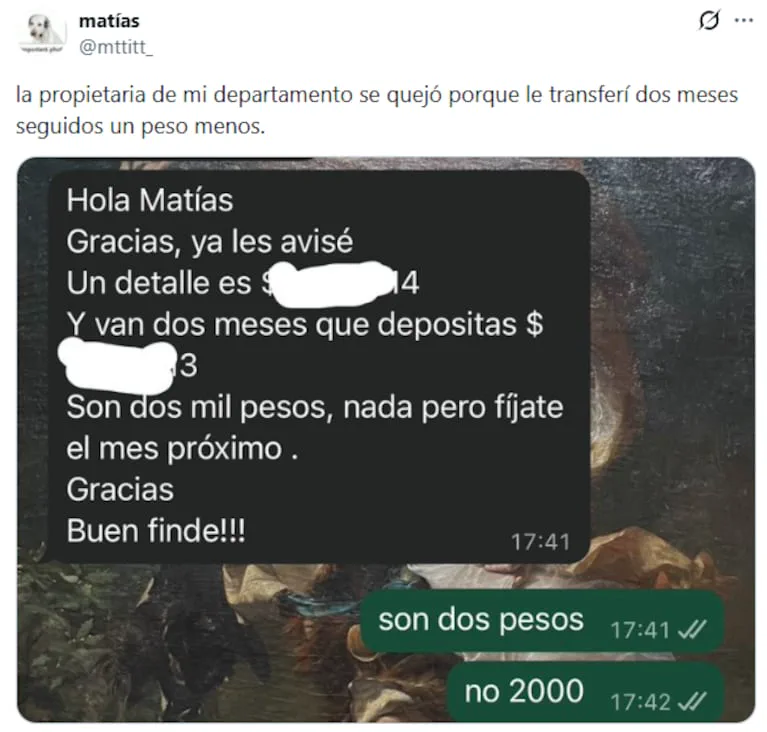 Captura de pantalla de una publicación con un chat de mensajes donde discuten por una transferencia de dinero.