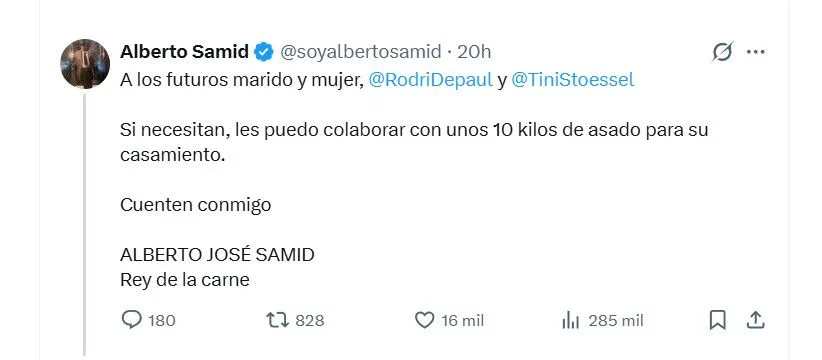 Una captura de pantalla de una publicación en la red social X de la cuenta de Alberto Samid.