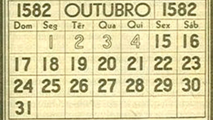 Un calendario en portugués de octubre de 1582 donde los días saltan del 4 al 15.