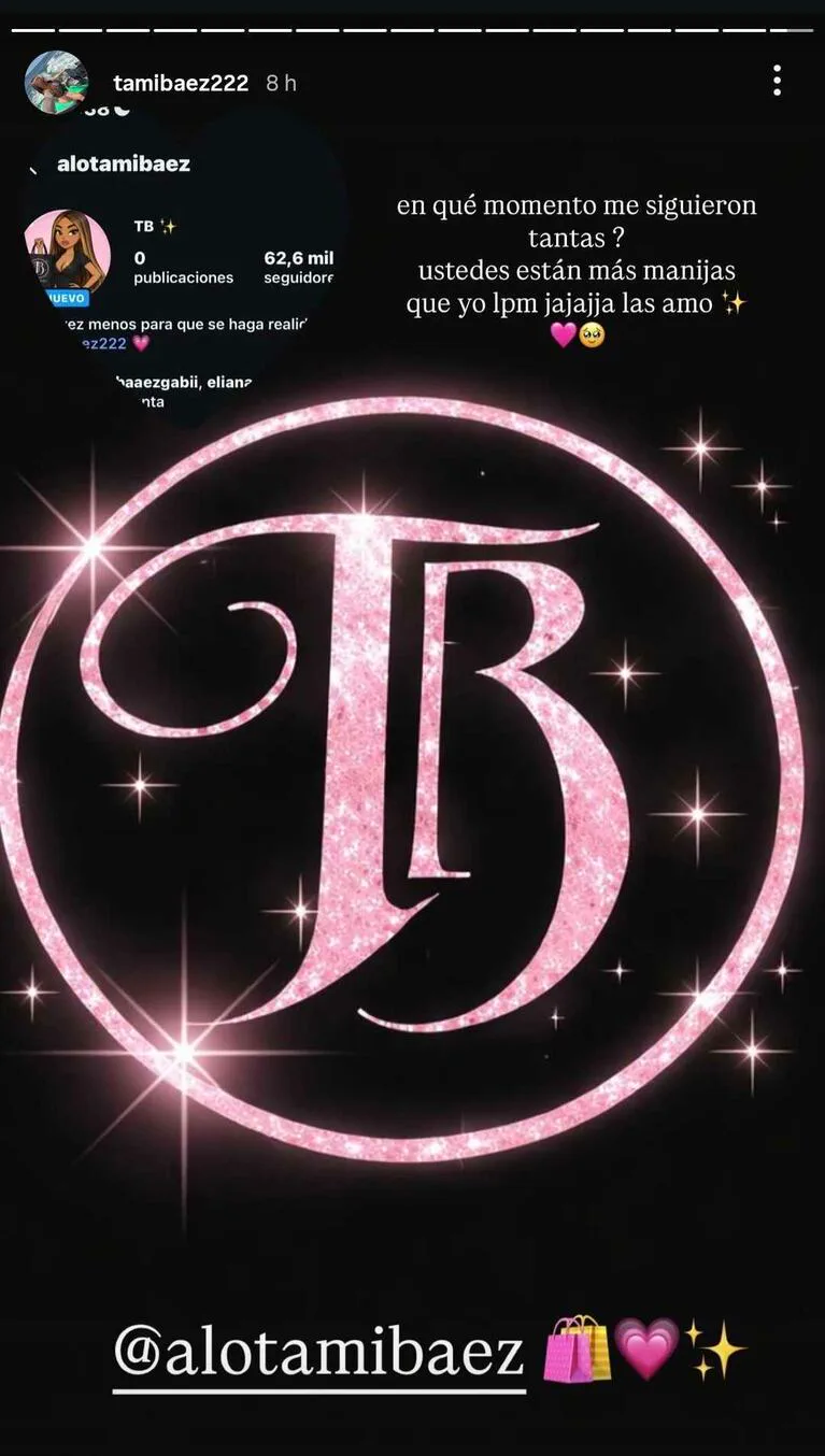 Captura de pantalla de una historia de Instagram con la letra B en brillo rosa dentro de un círculo con destellos.