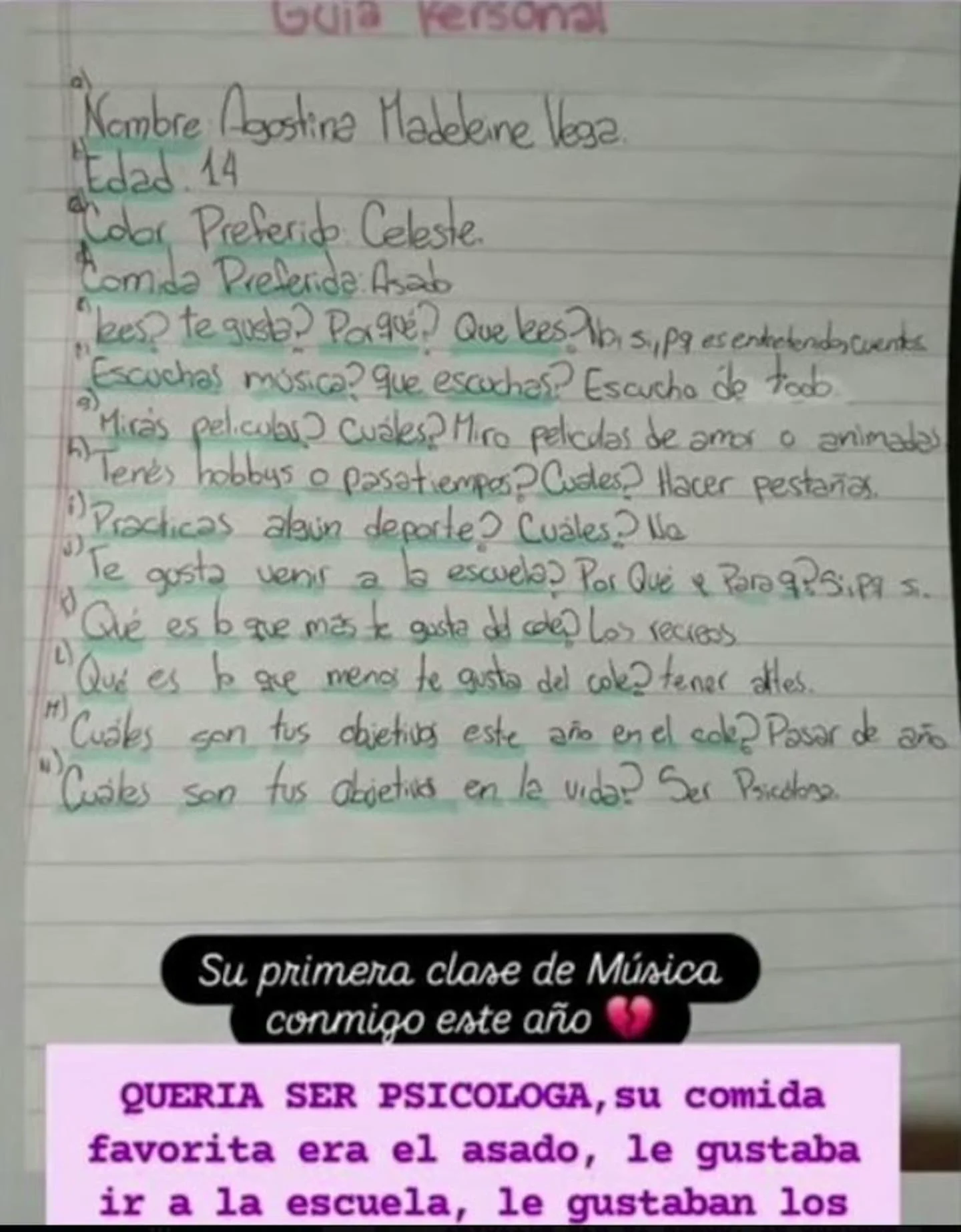 Una hoja de cuaderno escrita a mano con un cuestionario personal y un zócalo de texto añadido abajo.