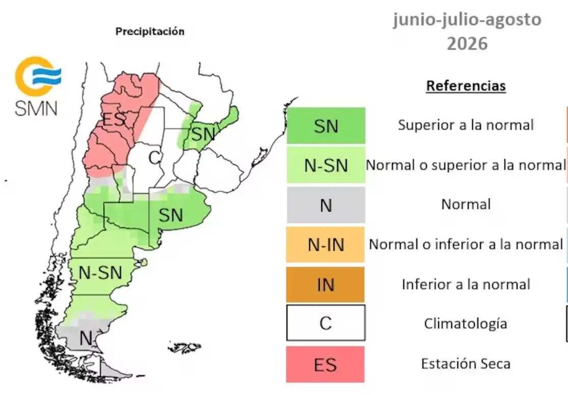 Un mapa meteorológico de Argentina con referencias de pronóstico trimestral de precipitaciones del SMN.