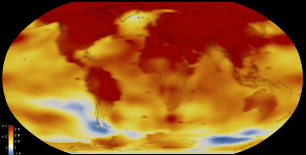 Mapa planisferio termico que ilustra temperaturas globales con una escala de colores.