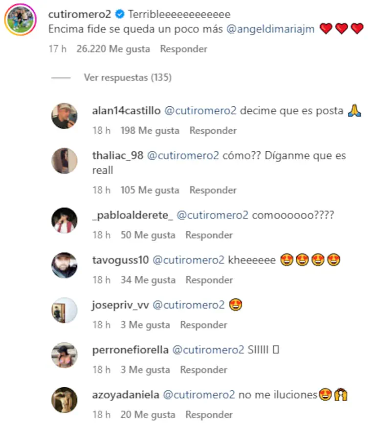 Captura de comentarios en redes sociales donde interactúa la cuenta cutiromero2.