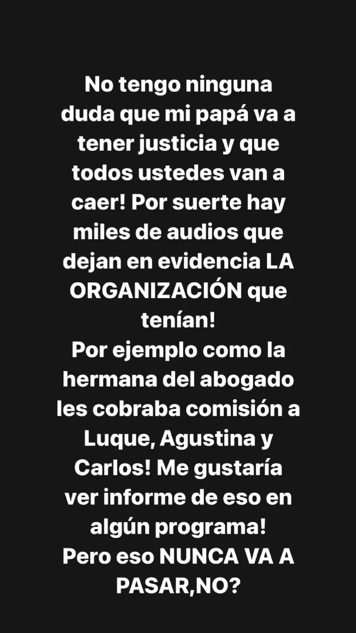 Texto en blanco sobre fondo negro con mención a una causa judicial y a nombres propios.