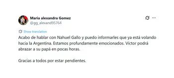 Captura de una publicacion de X de la cuenta de Maria alexandra Gomez con un mensaje sobre el regreso de Nahuel Gallo.