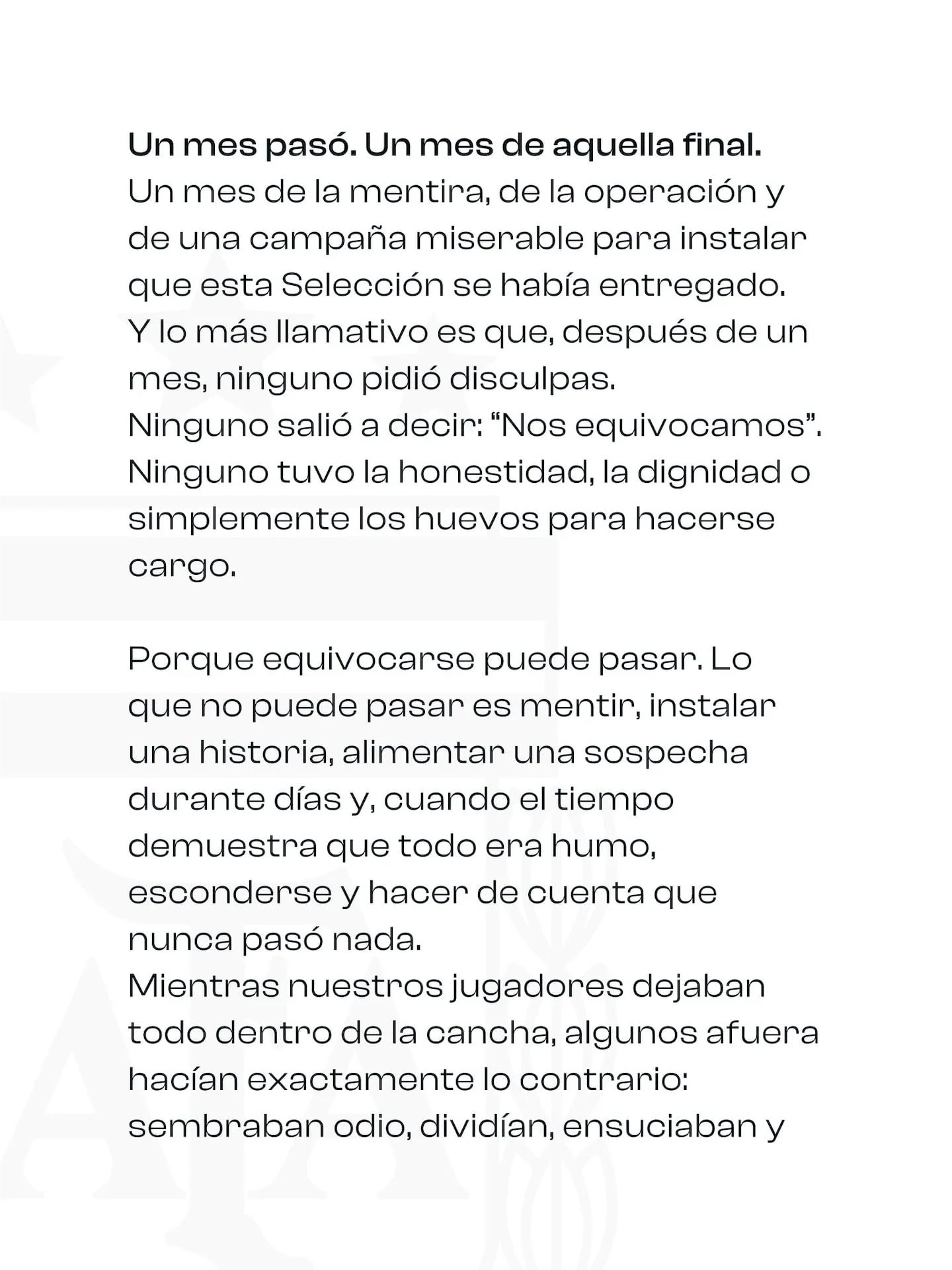 Texto en tipografía negra sobre fondo blanco con un mensaje sobre la final de la Selección.