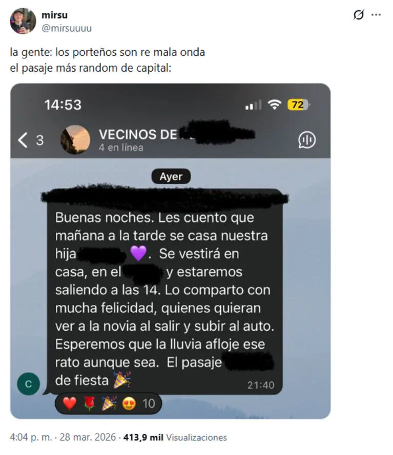 Una captura de pantalla de un tuit que muestra un mensaje de texto sobre un casamiento en un pasaje.
