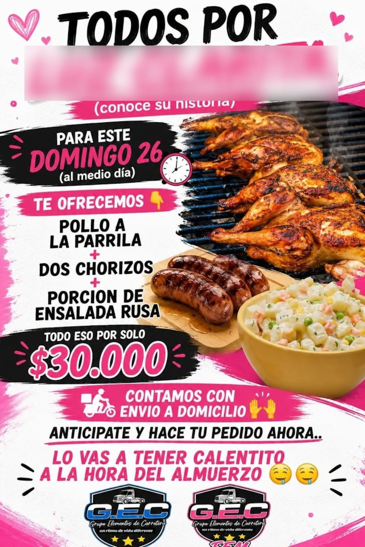 Un folleto publicitario muestra un menu con pollo asado a la parrilla, chorizos y un cuenco con ensalada rusa.
