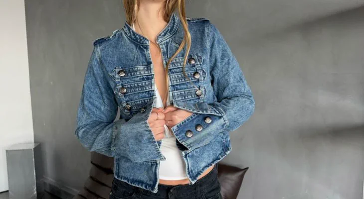 Una persona viste una campera de jean claro con botones metálicos y una prenda blanca debajo.