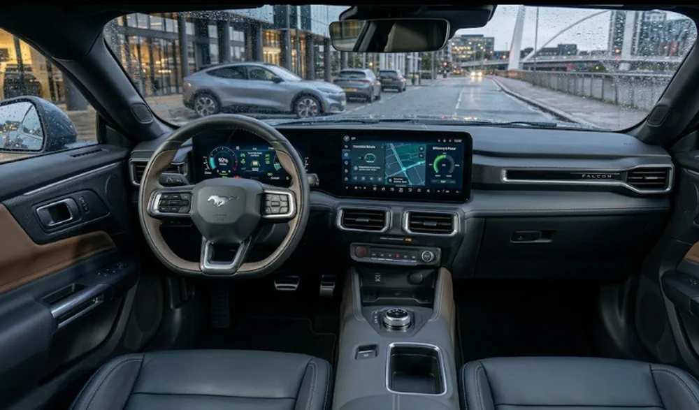 El tablero, el volante y las pantallas digitales del habitáculo de un auto.